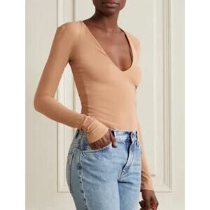 ALIX NYC Made In USA Irving Bodysuit Women Medium Long Sleeve V-Neck Tan Snap W9